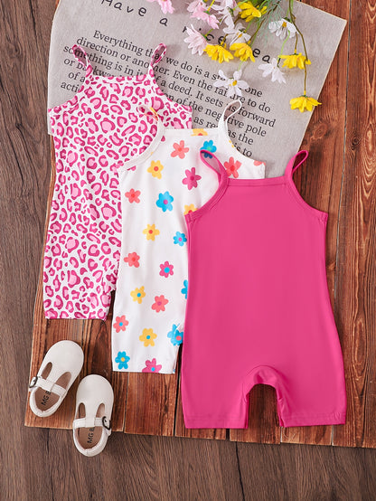 3pcs Baby Girl Pink and Leopard Print Rompers with White Floral Prints | Cute Spring/Summer Knitted Fabric Rompers with Slight Stretch, Regular Fit, for Outdoor, Perfect for Outdoor