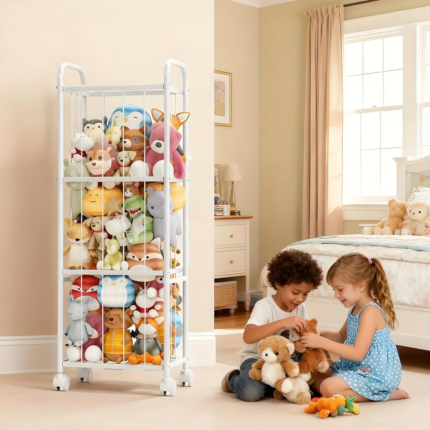 All Metal Stuffed Animal Storage, Never Fall Apart Stuffed Animal Zoo with Brake Wheels, Extra Large Stuffed Animal Holder - Sturdy Metal Plush Organizer Perfect for Nursery Play Room Kids Room, Storage