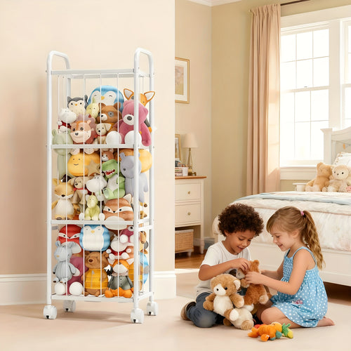 All Metal Stuffed Animal Storage, Never Fall Apart Stuffed Animal Zoo with Brake Wheels, Extra Large Stuffed Animal Holder - Sturdy Metal Plush Organizer Perfect for Nursery Play Room Kids Room, Storage