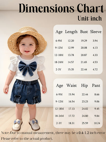 New 2pcs Baby Girls Set with 3D Flower And Bow Flutter Sleeve Top And Denim Shorts, Lightweight Breathable, Suitable for Daily School Outdoor Outings And Summer Outdoor Sports And Leisure for Girls, for Outdoor