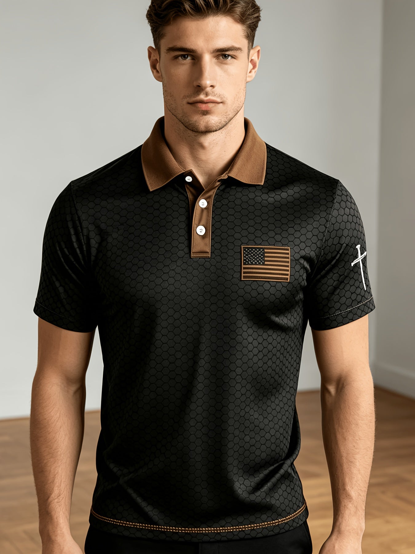American Flag Gradient Cross Print Polo Shirt for Men's Casual Lapel Short Sleeved Patriotic Themed Commuting Top, American Flag Armband Contrasting Striped Short Sleeved Casual Business Lapel Top