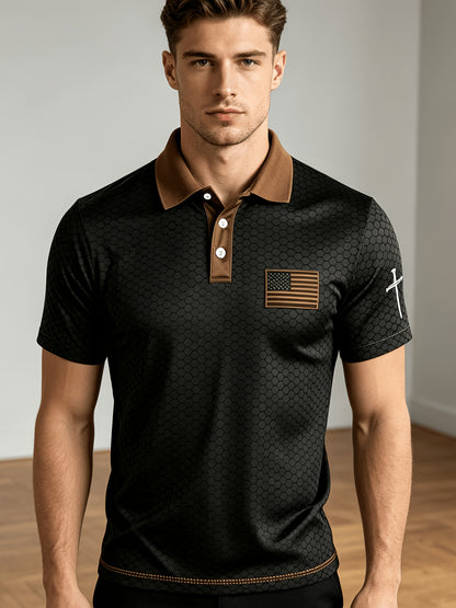 American Flag Gradient Cross Print Polo Shirt for Men's Casual Lapel Short Sleeved Patriotic Themed Commuting Top, American Flag Armband Contrasting Striped Short Sleeved Casual Business Lapel Top