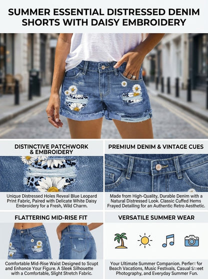 Womens Daisy Embroidered Distressed Denim Shorts Blue Leopard Print Patchwork Ripped Jean Shorts Mid Rise Frayed Hem Casual Summer Hot Pants for Beach Vacation Music Festival Boho Streetwear Chic Denim Cut Offs