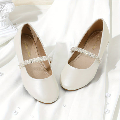 Girls Mary Jane Dress Shoes Ballerina Flats with Rhinestone & Pearl Sparkle Suitable for Wedding, Party, Communion - Sole & TPR Cushioned Footbed, Low-Top Round Toe Dress Shoes for Toddler/Little Kid/Big Kid (Year-Round Comfort)