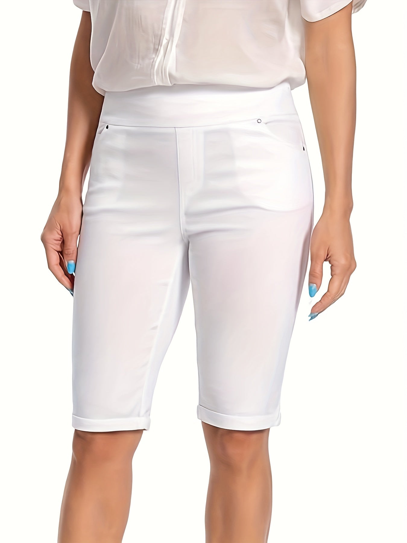 Women's Stretchy Pull On Bermuda Shorts High Waist Office to Vacation Pants, Non See Through Fabric, Machine Washable with 5 Pockets & Cuffed Hem for Everyday, Formal Events Elegant Casual All Season Shorts