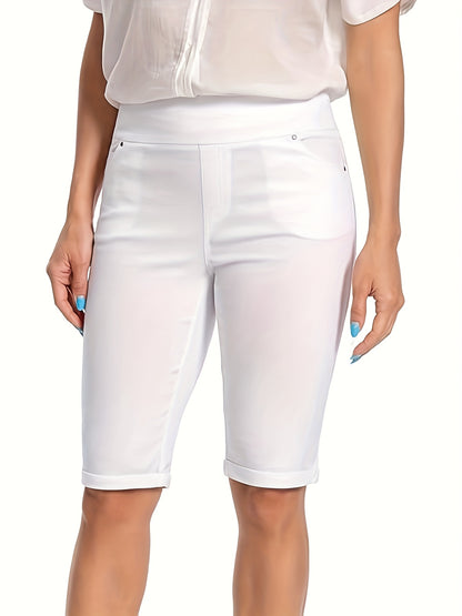 Women's Stretchy Pull On Bermuda Shorts High Waist Office to Vacation Pants, Non See Through Fabric, Machine Washable with 5 Pockets & Cuffed Hem for Everyday, Formal Events Elegant Casual All Season Shorts