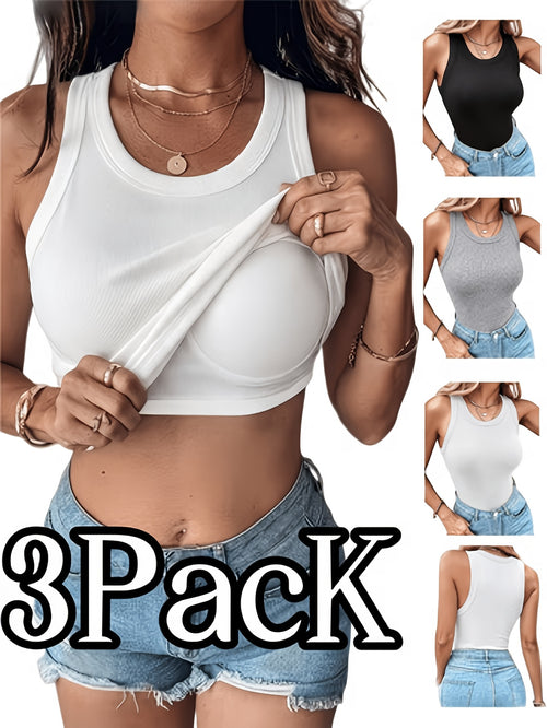 3 Pcs Women's Sleeveless Vest with Chest Pad, Solid Color Elegant Sleeveless Blouses, Hand Washable Non-Fitness, Suitable for Yoga Gym Commuting & Layering, Home Leisure Wear