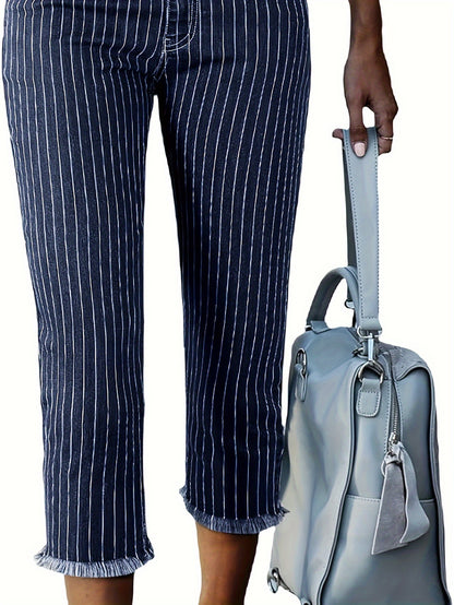 Striped Print Raw Hem Retro Casual Style Capri Denim Pants, Women's Denim Jeans & Clothing