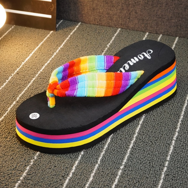 Women'S Summer Beach Flip Flops - Comfort Thick Sole Casual Sandals, Black And Pink Rainbow Stripe, Soft TPU Material, All-Season Wear, Women Shoes