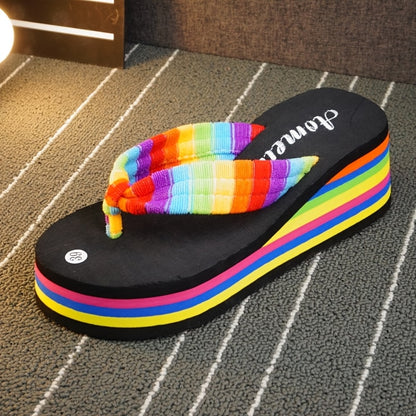 Women'S Summer Beach Flip Flops - Comfort Thick Sole Casual Sandals, Black And Pink Rainbow Stripe, Soft TPU Material, All-Season Wear, Women Shoes