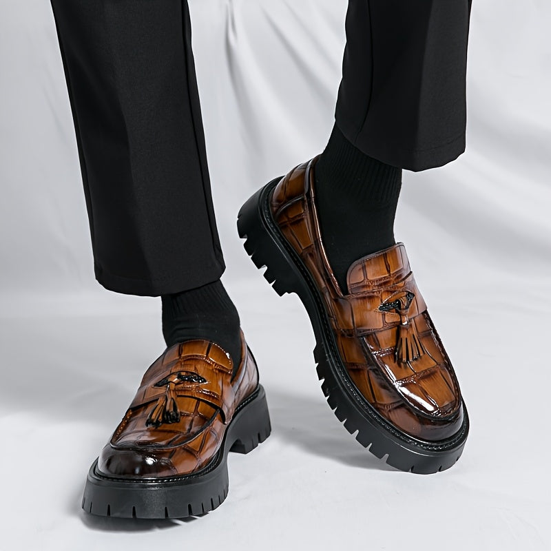 [Printed Platform Loafers] Men's Printed Platform Slip-On Penny Loafers Fashion Round Toe Tassel Decoration Non-Slip Lug Sole Business Dress Shoes for Driving Office Party