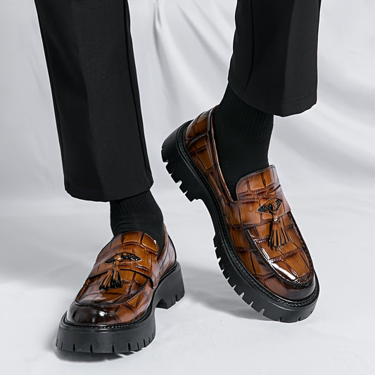 [Printed Platform Loafers] Men's Printed Platform Slip-On Penny Loafers Fashion Round Toe Tassel Decoration Non-Slip Lug Sole Business Dress Shoes for Driving Office Party