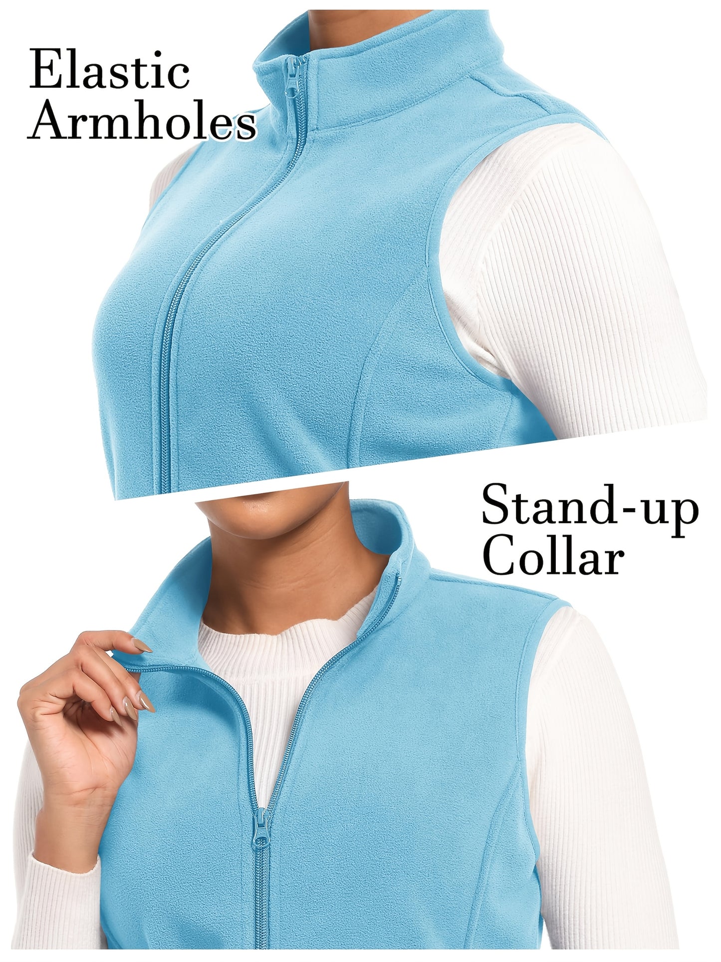 Women'S Fleece Zip Vest Lightweight Warm Sleeveless Jacket Stand Up Collar Windproof Soft Outerwear Vest with 4 Pockets Elastic Armholes for Camping Riding Office Outdoor Party Spring Fall Winter