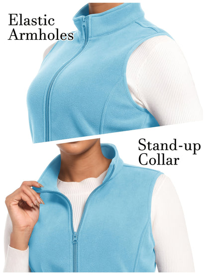 Women'S Fleece Zip Vest Lightweight Warm Sleeveless Jacket Stand Up Collar Windproof Soft Outerwear Vest with 4 Pockets Elastic Armholes for Camping Riding Office Outdoor Party Spring Fall Winter