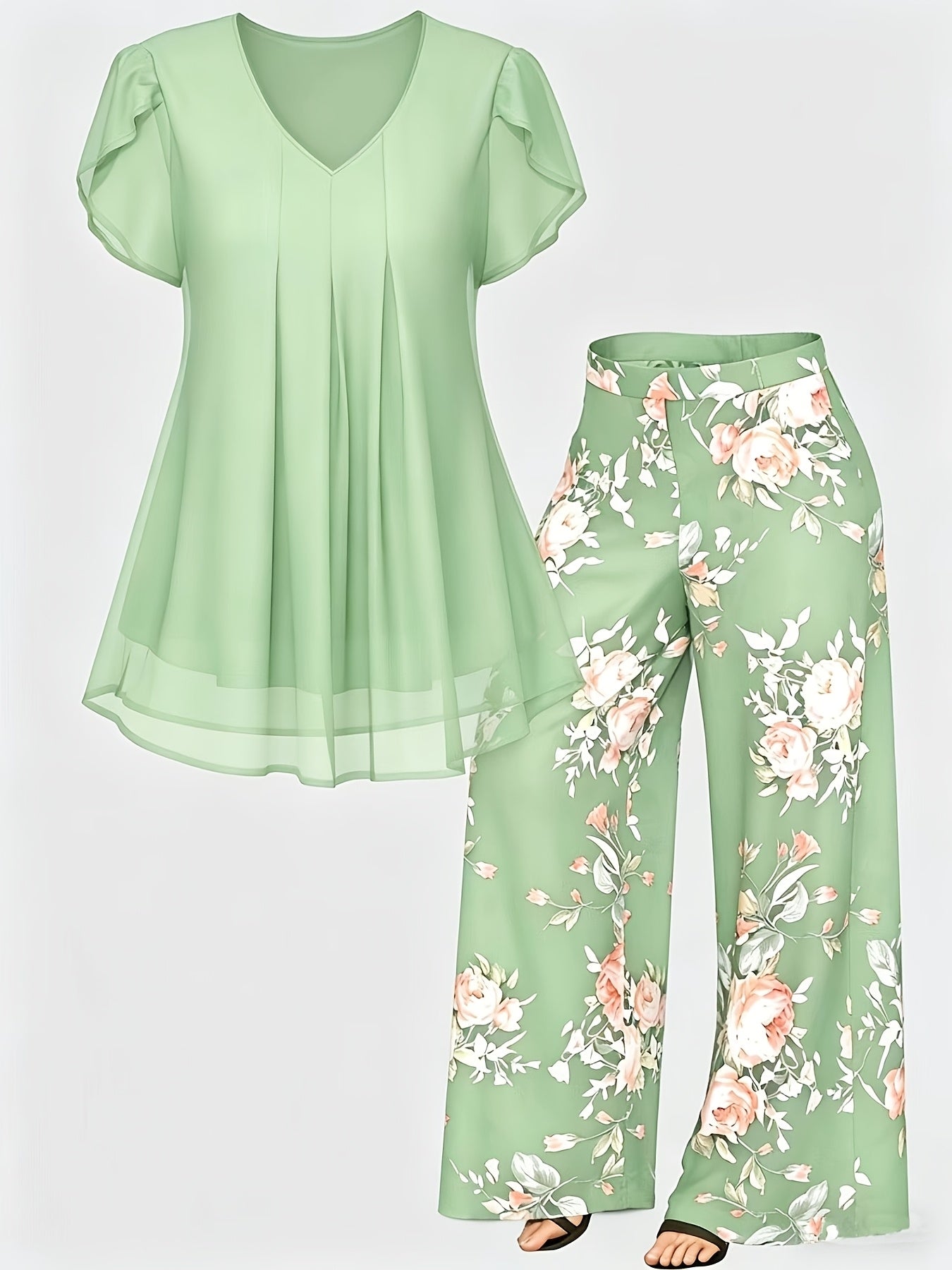 Plus Size - New Women'S Solid Color Top And Printed Pants Chiffon Fashion Style Set Top And Pants Two Piece Set