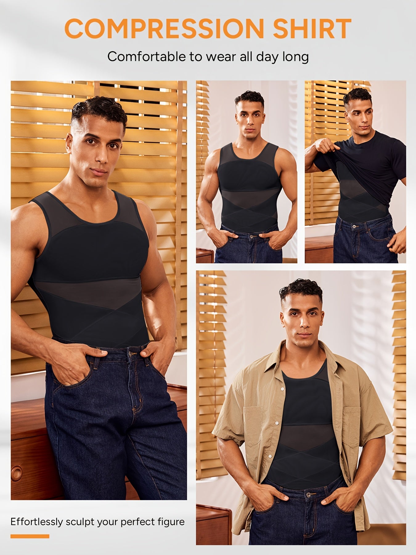 Men's High-Elasticity Compression Tank Top - Breathable Tummy Control Shirt with Semi-Sheer -Back, Tight-Fit Sleeveless Shirt Suitable for Gym, Postpartum & Body Shaping, Year-Round Wear