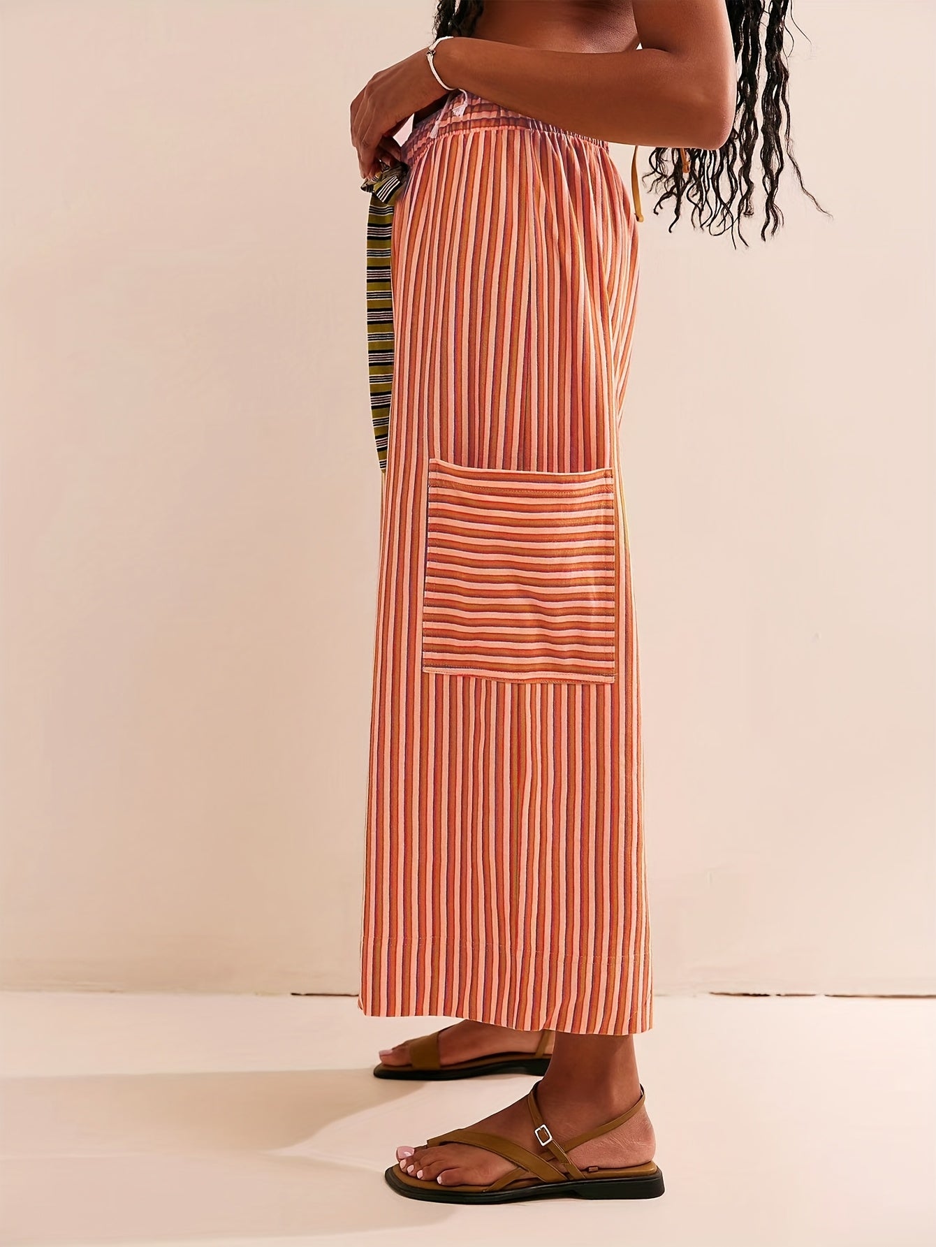 Women's Wide Leg Pants with Elastic Waist & Striped Drawstring - Striped Horizontal Stripes Trousers Suitable for Spring/Summer, Casual Lounge Pants with Side Pockets, Machine Washable Wide-Leg Trousers for Warm Weather