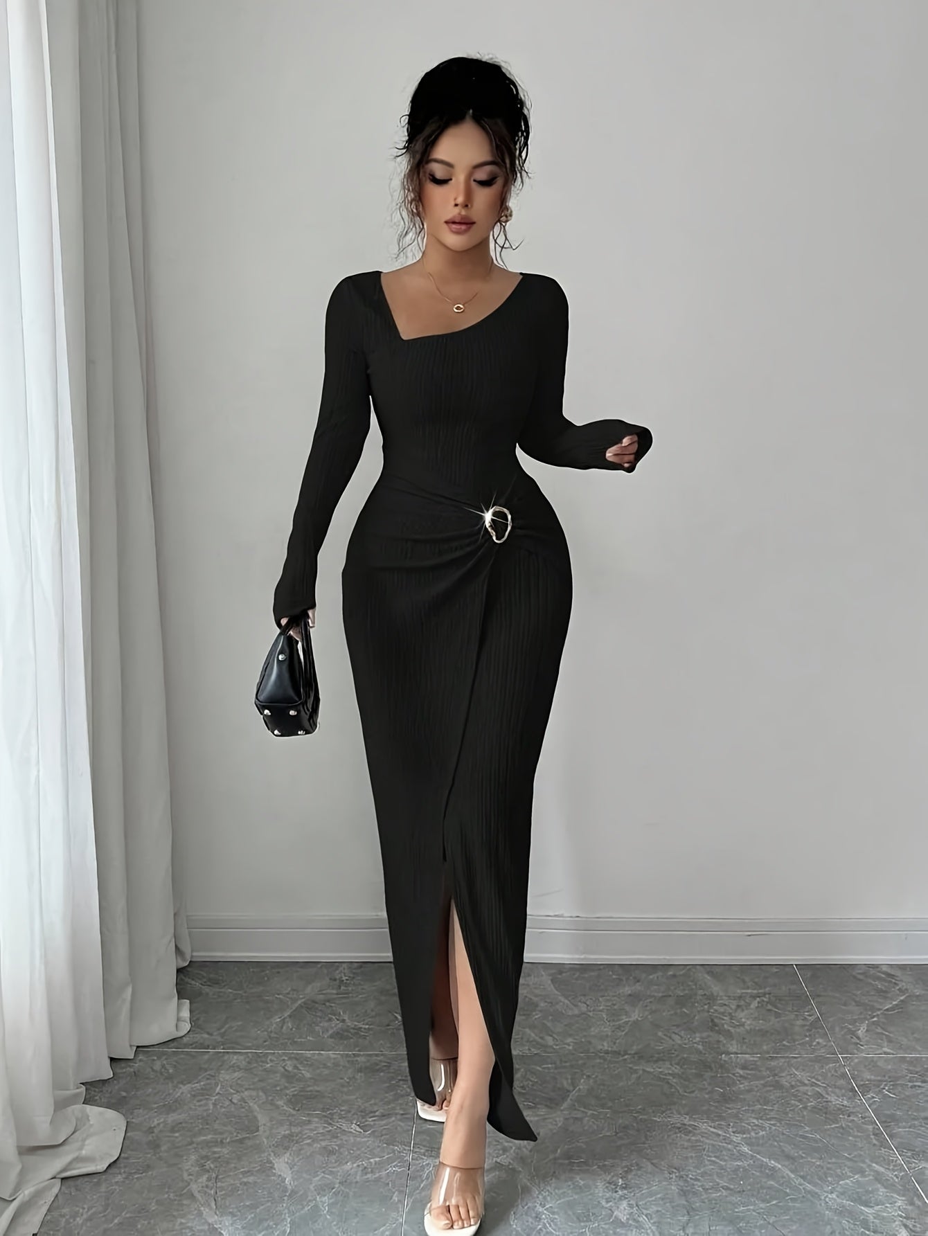 Women'S Solid Color Twisted Split Maxi Dress Asymmetrical Neck Slim Bodycon Fall Winter Elegant Fashion Dress