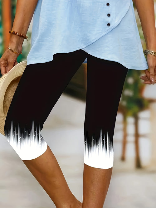 Women's Stretchy High-Waisted Capri Leggings with Black & White Dot Pattern - Casual, Breathable Polyester-Spandex Blend, Machine Washable, Perfect for Spring/Summer/Fall