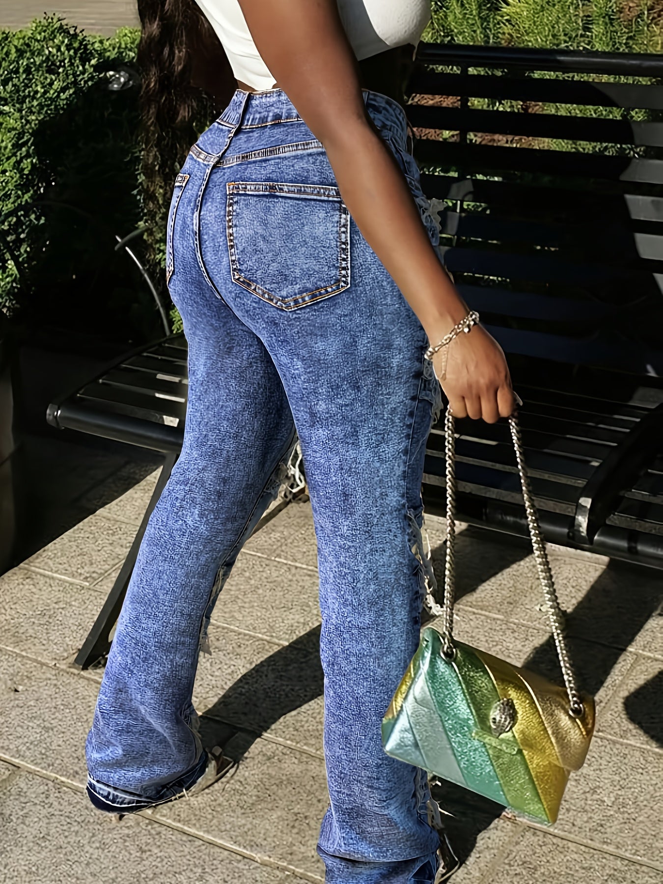 HME Autumn/Winter New Arrival - Heavy-Duty Washed Raw Hem Fashion Women's Jeans, Patchwork Washed Raw Hem Trendy Style, Mid-Rise Butt-Lifting Design, Stretch Fabric for Enhanced Comfort, Slim-Fit Women's Denim Pants