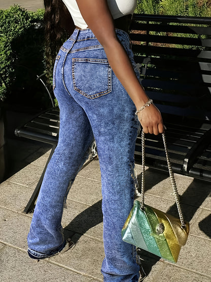 HME Autumn/Winter New Arrival - Heavy-Duty Washed Raw Hem Fashion Women's Jeans, Patchwork Washed Raw Hem Trendy Style, Mid-Rise Butt-Lifting Design, Stretch Fabric for Enhanced Comfort, Slim-Fit Women's Denim Pants