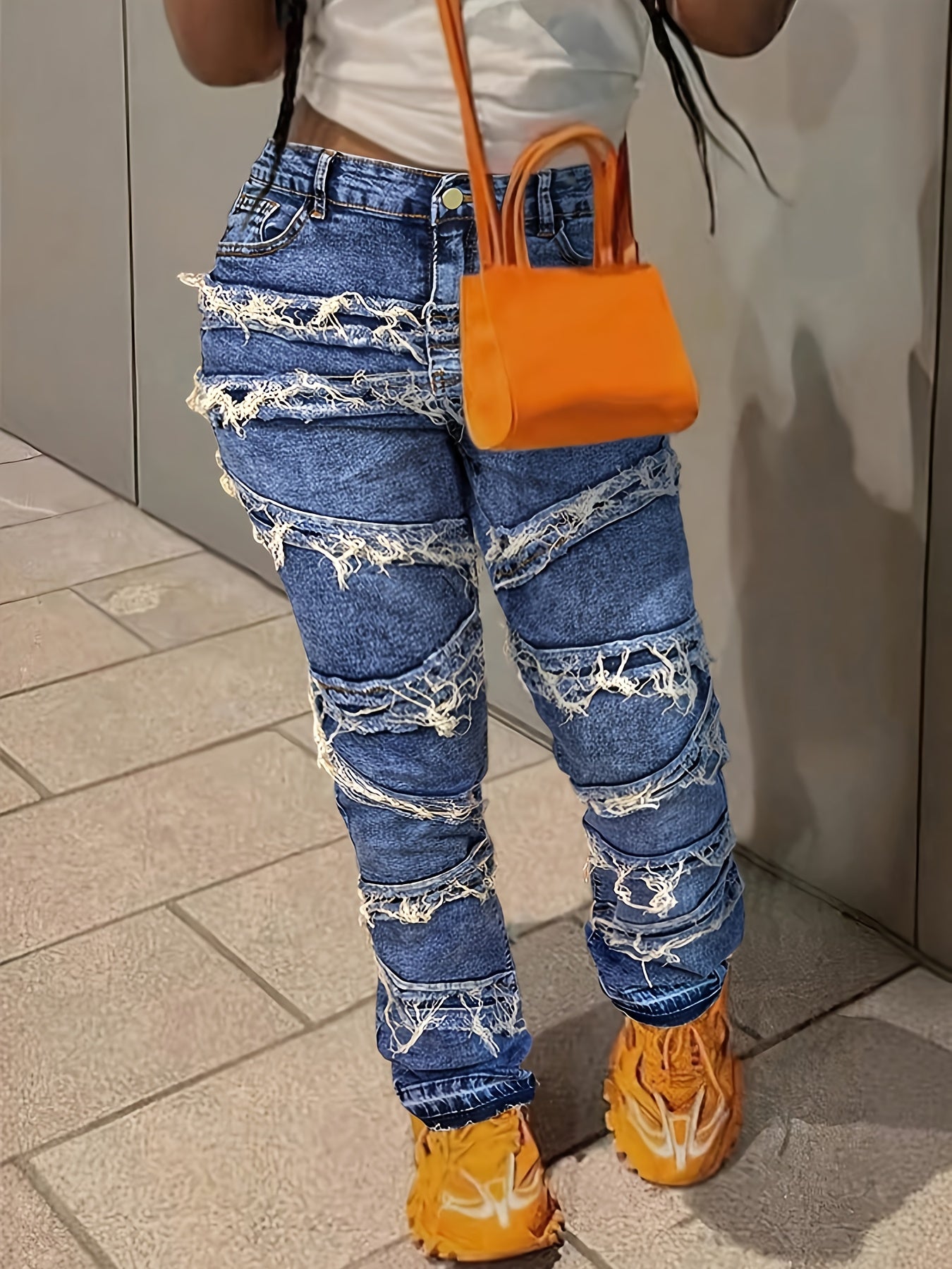 HME Autumn/Winter New Arrival - Heavy-Duty Washed Raw Hem Fashion Women's Jeans, Patchwork Washed Raw Hem Trendy Style, Mid-Rise Butt-Lifting Design, Stretch Fabric for Enhanced Comfort, Slim-Fit Women's Denim Pants