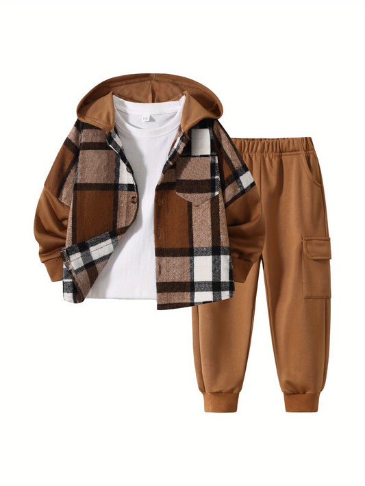 Boys' Plaid Outfit Set - Long Sleeve Winter 8837 – Khaki option – main product image