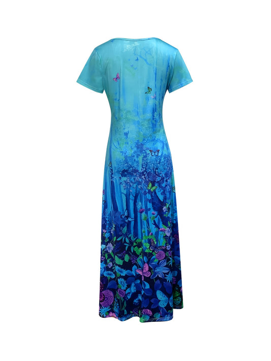 Butterfly Print Dress with Short Sleeves – Blue Vacation Midi – Blue option – main product image