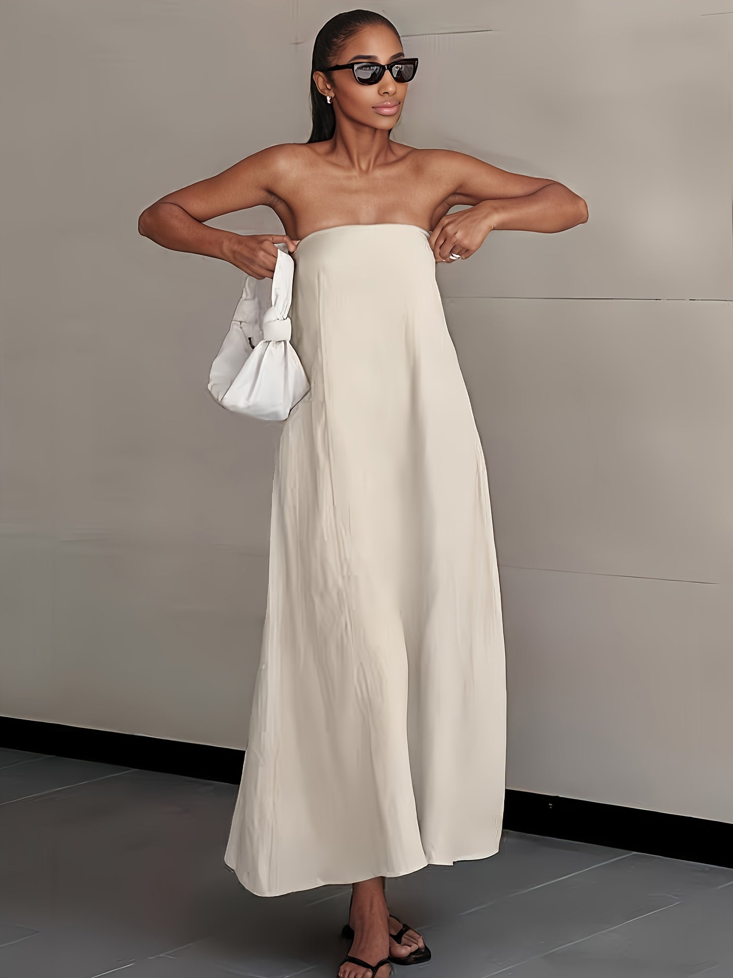 Linen Women's High-Waisted Strapless Backless Patchwork Pocket Dress Lightweight Casual Vacation Dress with Smooth Texture, Solid Color Long Dress for Spring Summer
