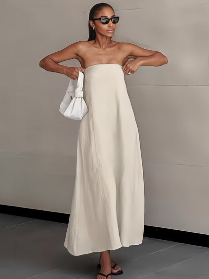 Linen Women's High-Waisted Strapless Backless Patchwork Pocket Dress Lightweight Casual Vacation Dress with Smooth Texture, Solid Color Long Dress for Spring Summer