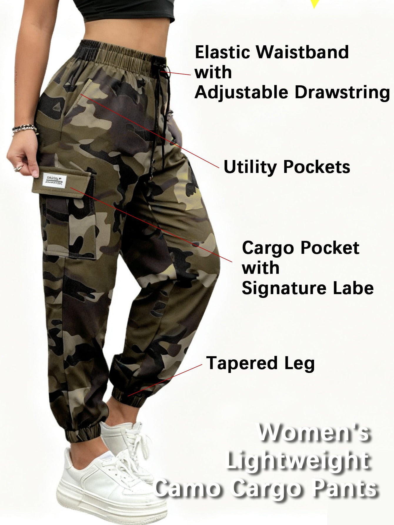 Women'S Lightweight Quick-Dry Camo Cargo Pants - Tapered Leg Elastic Drawstring Waistband Breathable Tactical Pants