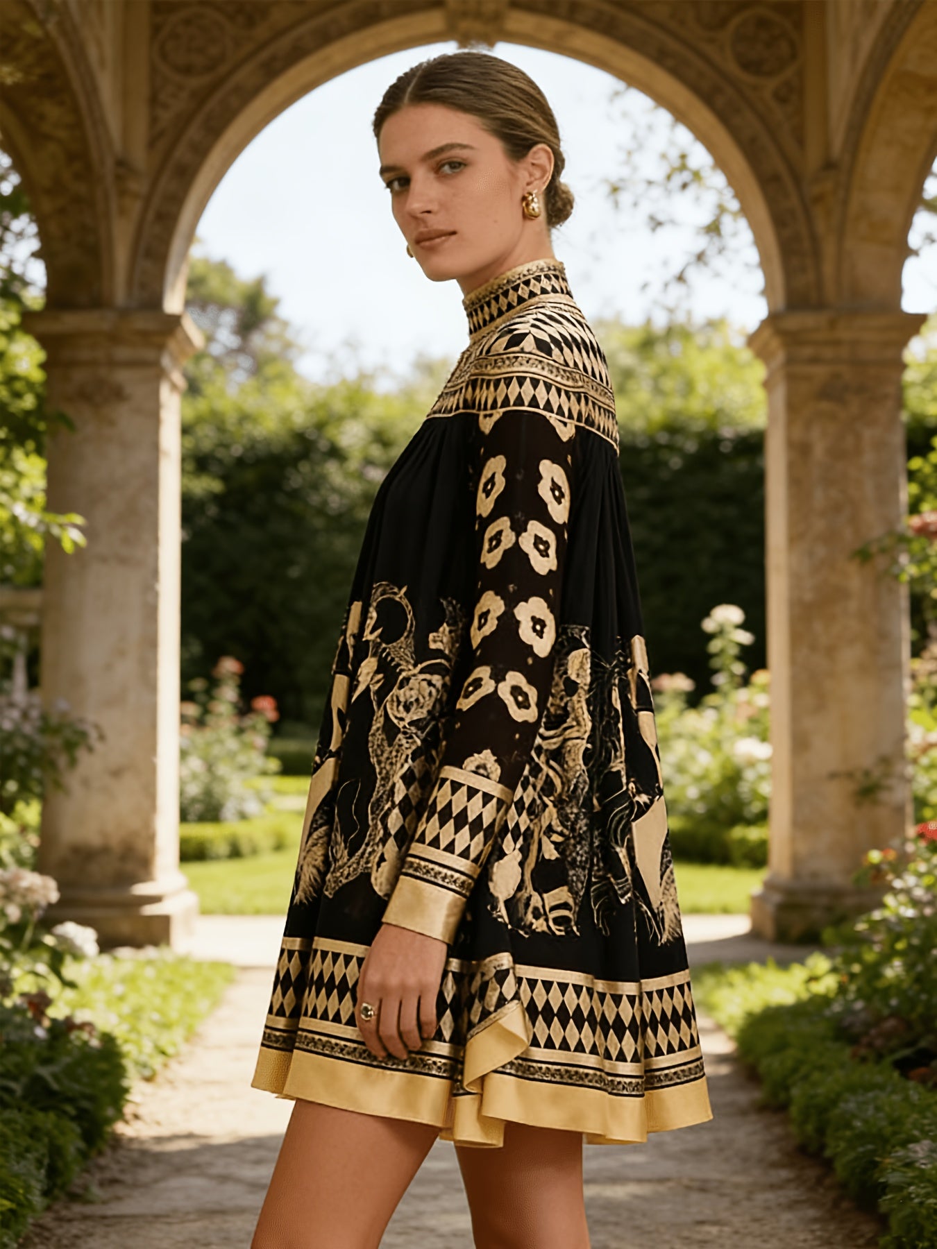 [Casual Stylish Retro] Women's Bronze Ethnic Print Stand Collar Long-Sleeved Short Dress, Casual And Stylish For Office Or Commuting, Retro Party A-Line Skirt