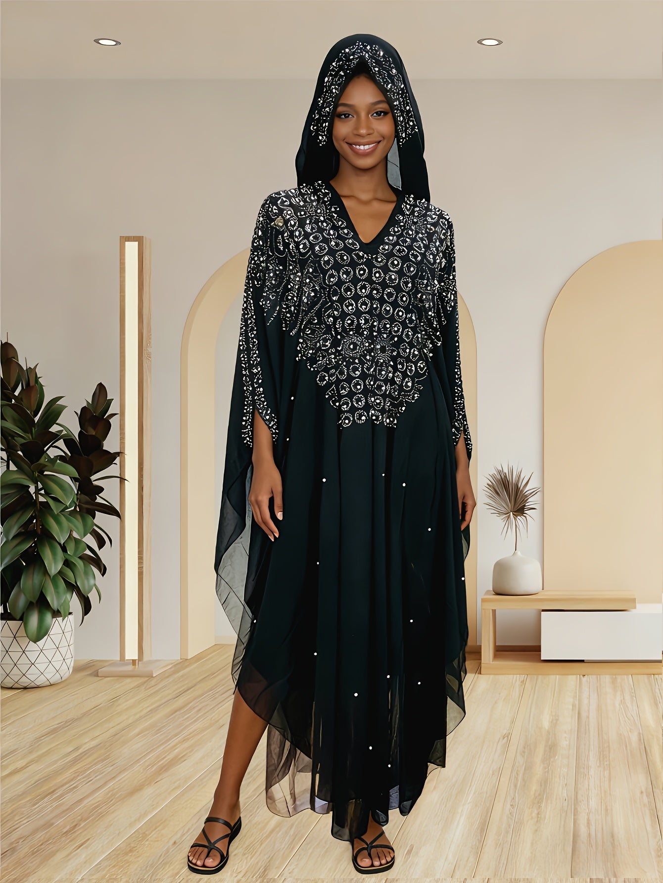 Chic Shawl Adorned with Sequins And Rhinestones for Spring - Features a Relaxed Fit, Long Sleeves, Tassel Details, And Golden Accents, Ideal for Fashion in The Middle East And Southeast Asia, a Dazzling Outfit