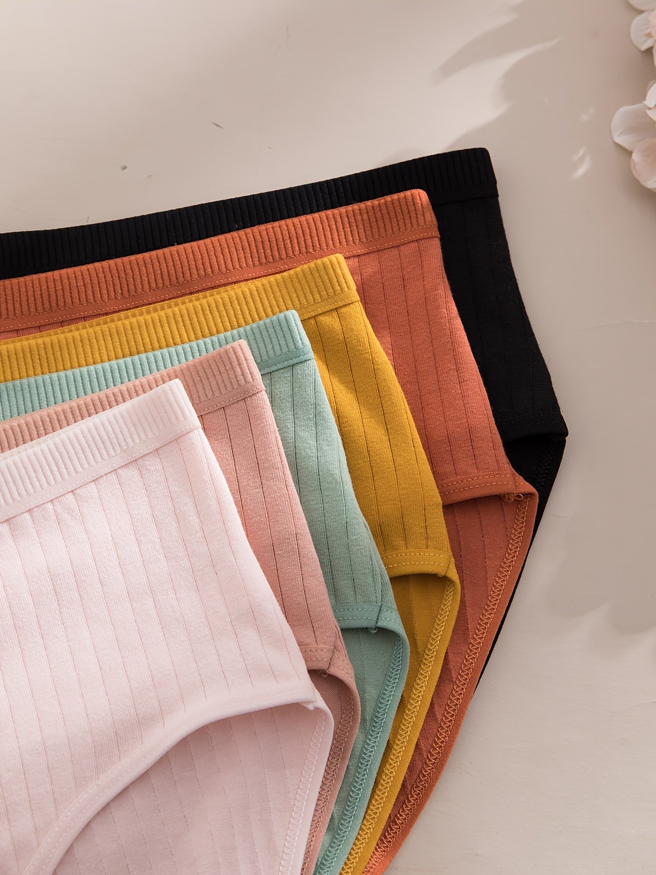6pcs, Ribbed Underwear, Random Color, Women's Comfortable Breathable Triangle Panties, Soft And Simple Mid-Waist Thong, Maternity Clothes Women