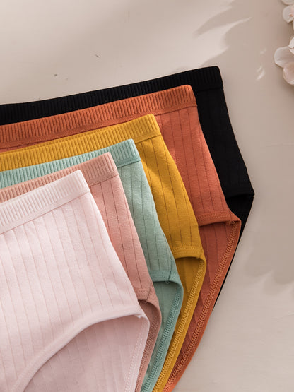 6pcs, Women'S Ribbed Underwear, Soft And Breathable Mid Waist Triangle Pants, Multiple Colors, High Waist Solid Color Simple Women'S Underwear, Breathable And Elastic Close Fitting Women'S Underwear