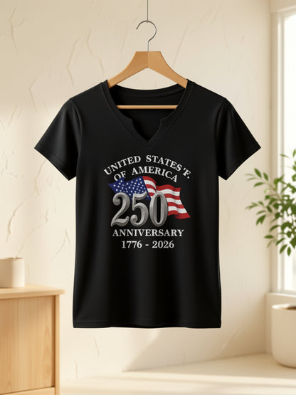 American Glory Print V-Neck Roll-Sleeve T-Shirt, Flag And Anniversary Text, Low-Key Patriotic, Women'S Basic Style, Comfortable And Versatile for Daily Commute And Commemorative Wear