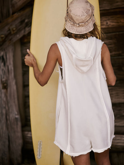 2025 Women'S Summer Casual Sleeveless Jumpsuit With Zipped Hoodie Design Loose Fit And Pockets