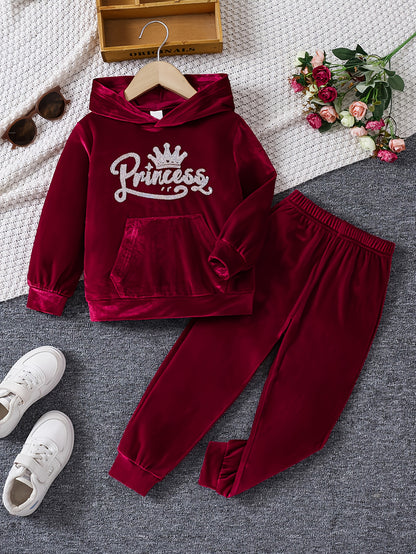 Randomly Distribute 2 Sets of 6 Colors, Including Girls' Autumn And Winter Long Sleeved Hooded Embroidered Hoodie And Solid Color Long Pants Set, Suitable for Outdoor Activities in Autumn/Winter, Including Solely The Top And Pants