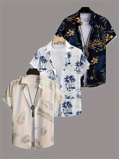 3pcs Men's Tropical Floral & Palm Tree Print Short Sleeve Shirts - Casual, Comfortable Summer Button-Up Dress Shirts in Black, White, & Beige - Perfect Gift for Him