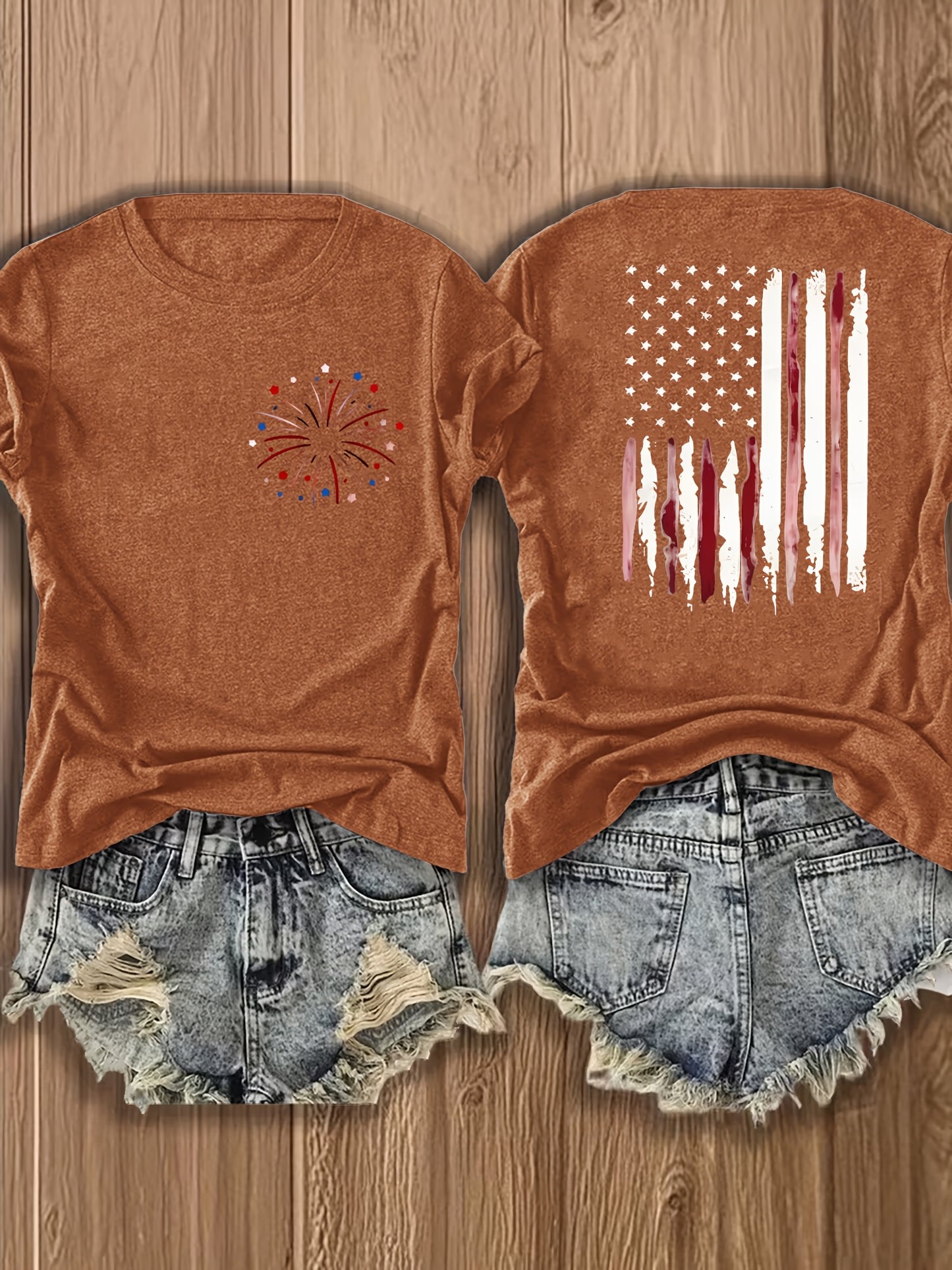 Women'S Summer Crew Neck Short Sleeve T-Shirt, Lightweight & Breathable, American Flag & Fireworks Print, Casual Street Style Top For Daily Wear & Patriotic Celebrations, Comfortable Athletic Outfit