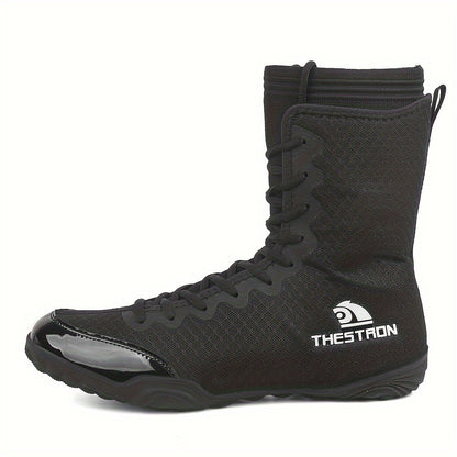 Men's High-Top Boxing Shoes - Non-Slip, Comfortable Wrestling & Training Sneakers for Indoor Sports, Black/White
