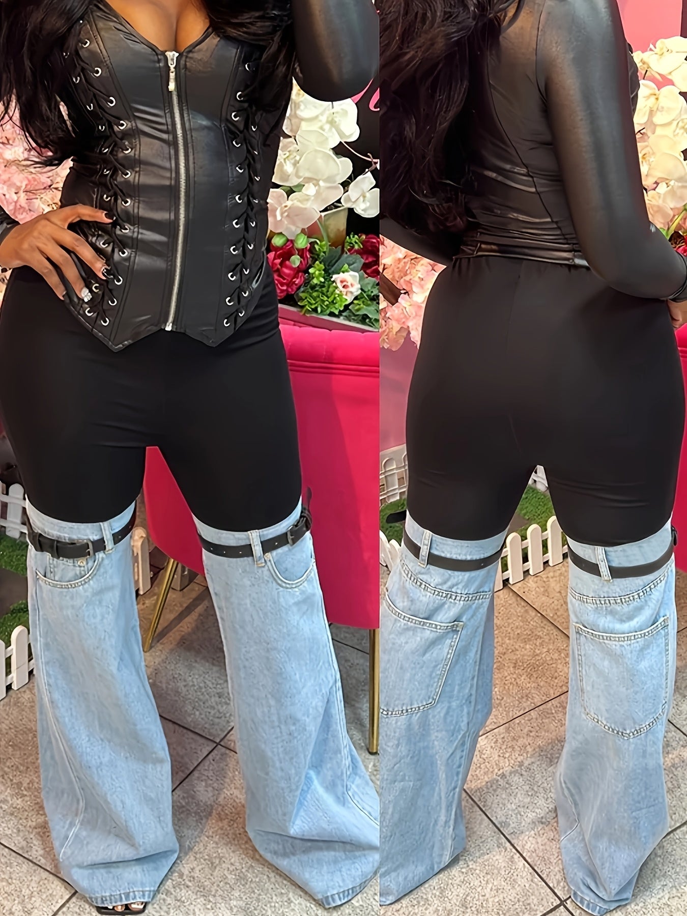 Women'S High Waist Two Tone Patchwork Flare Pants, Black Slim Fit Leggings with Light Wash Denim Bell Bottom Legs And Adjustable Buckle Strap Design for Y2K Streetwear, Perfect for Retro Streetwear Looks