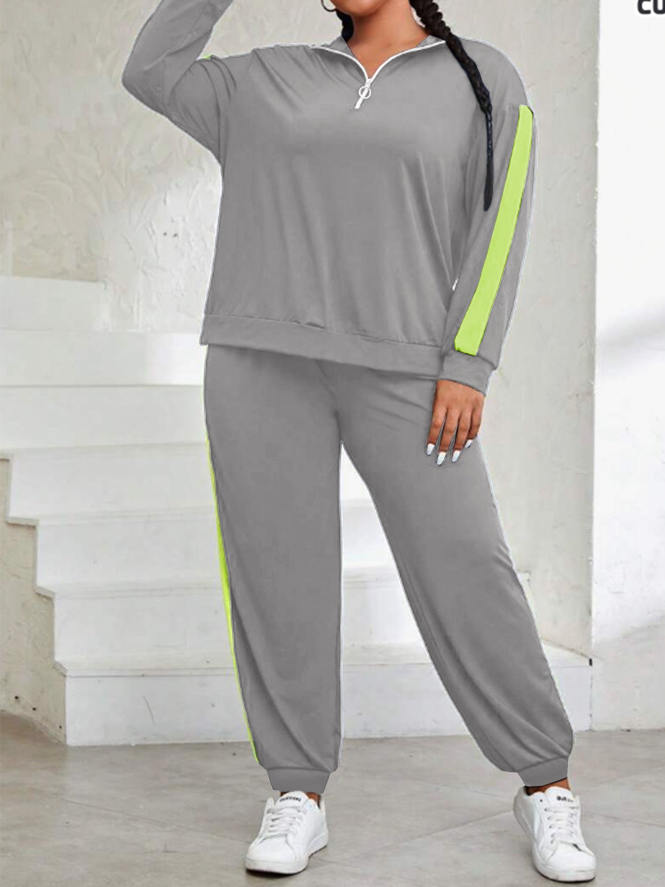 Plus Size, Plus Size Women's Spring And Autumn Contrast Color Casual Suit, Half Zip Pullover Long Sleeve Top And Trousers Two-Piece Set