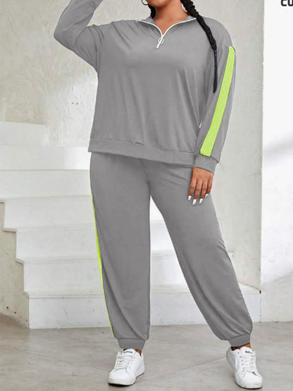 Plus Size, Plus Size Women's Spring And Autumn Contrast Color Casual Suit, Half Zip Pullover Long Sleeve Top And Trousers Two-Piece Set