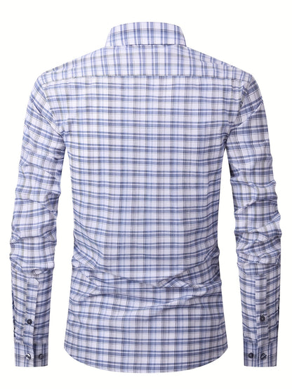 Men's Navy Blue & White Plaid Cotton Long-Sleeve Shirt - product view 32