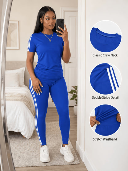 Women's Two-piece Casual swear Striped Edge Short Sleeved Round Neck Pullover, Slim Fit Striped Edge Pants Set, s Suit