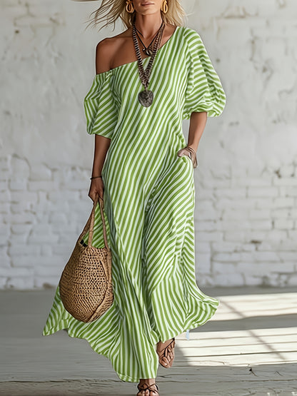 Women's Casual Striped Maxi Dress - Asymmetrical One Shoulder, Puff Sleeve, Loose Fit with Pockets, Summer Beachwear