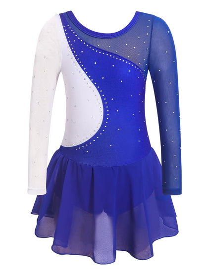 Ballet Tutu Outfit for Girls Featuring Long Sleeves, Mesh Details, a Sparkling Skirt, And a Flared Design, Perfect for Dance Performances And Gymnastics, Made from Stretchy Material, Ideal for Ballet Students