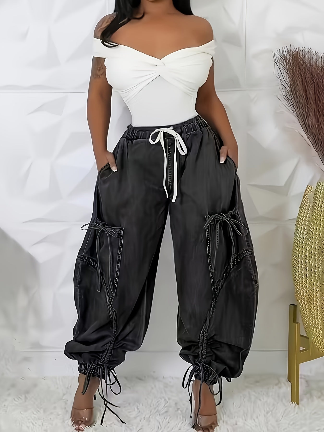 Women's Loose Jeans Women's Fashion Drawstring Lace-up Elastic Waist Jeans, Suitable for Daily Wear, All-season Casual Street Clothes,