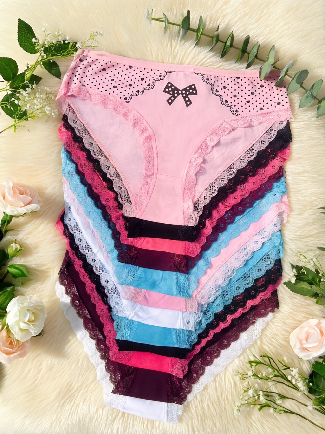 12pcs Elegant Contrast Lace Briefs | Plus Size with Bow and Heart Print, Comfortable & Breathable Stretchy Women'S Lingerie & Underwear
